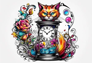 Semicolon chester cat on Alice in wonderland broke clock hour glass tattoo idea