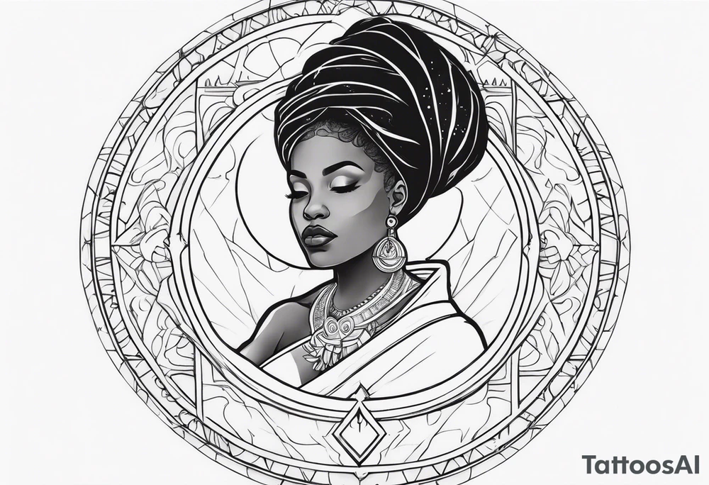 Black woman, royalty, enlightenment, wisdom, astronomy, cancer zodiac, natural, full arm tattoo idea