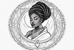 Black woman, royalty, enlightenment, wisdom, astronomy, cancer zodiac, natural, full arm tattoo idea