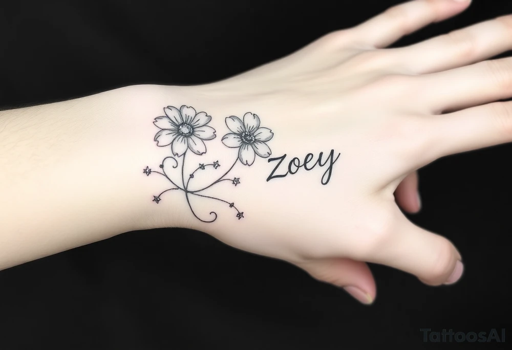 I want it on my wrist. I want a beautiful flower on the inside of my wrist with tendrils down the inside of my arm with little delicate stars or motes and the name Zoey

Why are you showing it on a back? I want it on the inside of my wrist

I want it to be a little smaller. I want the lines to be super fine. I want more organic delicate tendrils. The name Zoey should be about 3" up on the inside of my arm 

I just want the tendrils to look more natural and flowy and graceful.
I do not want stars in it anymore. 
Please show it on the inside of the wrist with the blossom just below the palm and the tendrils curling up the inside of the arm. I want a little more tendrils with some little sparkles very delicate leading to the name
More options. Make it super delicate and graceful. The tendrils can have tiny delicate leaves 

It needs to be on the underside of the wrist on the inside flowing up the arm
More tendrils and more sparkles tattoo idea
