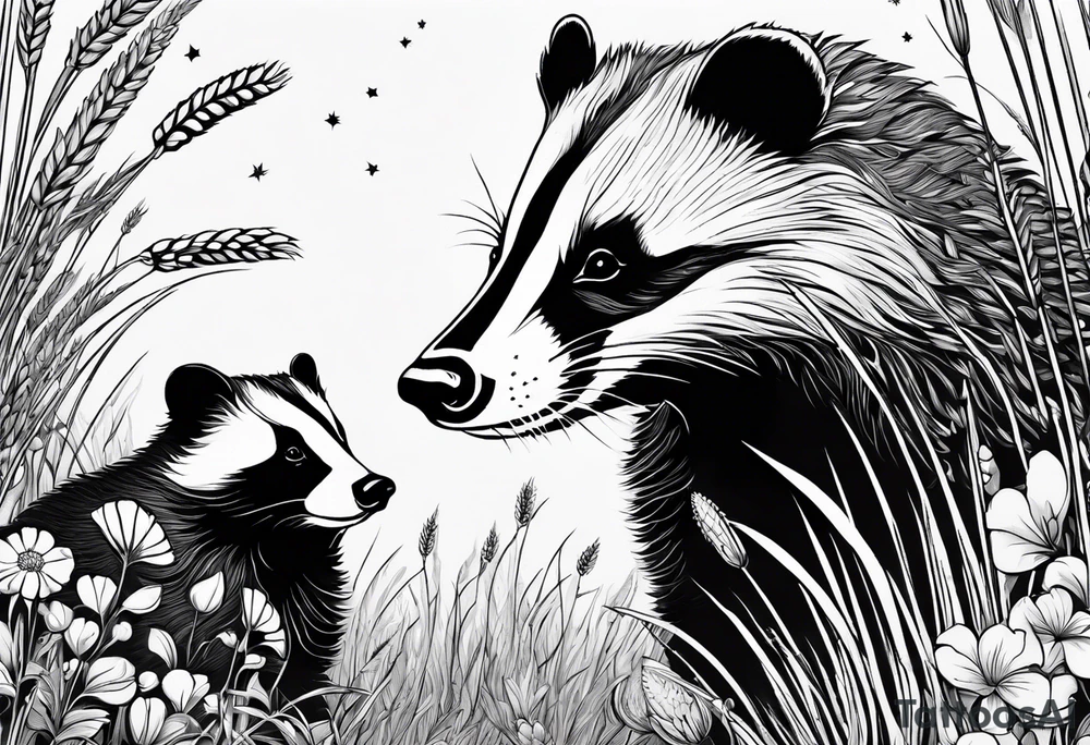 A trippy black and white tattoo of a badger with a cub, flowers, a field of wheat, forest and fractals tattoo idea