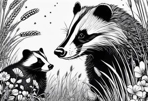 A trippy black and white tattoo of a badger with a cub, flowers, a field of wheat, forest and fractals tattoo idea