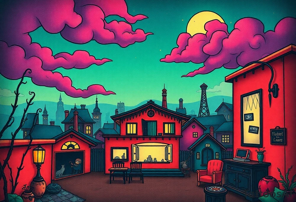 Tim Burton’s haunted pastel Tokyo apartment and dripping with muted reds, dusty pinks, and eerie green glow.purple and cyan smokey clouds swirl in the crescent moonlit sky thats sprinkled with stars tattoo idea tattoo idea