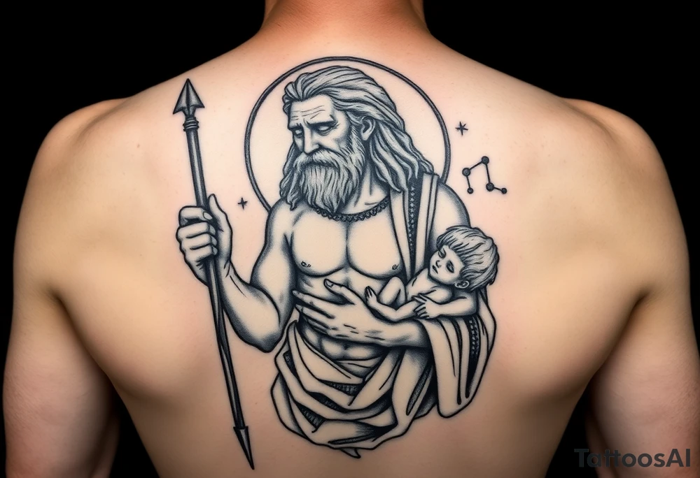 a tattoo design of the Greek God Saturn but older and nearly dying holding a spear with the astrology Saturn symbol as the spear head, in his other arms cradling a twin dying younger version of himself. The gemini constellation is in the background behind the Saturn Gods. Long vertical form as this will be on a thigh tattoo idea