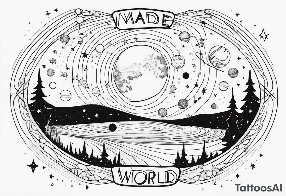 Galaxy with stars and planets in a minimalist style, with the quote, "Made for another world" tattoo idea