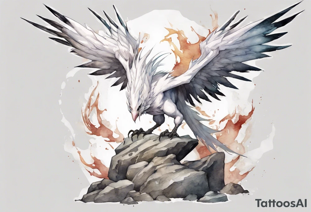 a white bird-wyvern hybrid, wearing a plain iron crown, perched on a stone tattoo idea