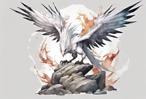 a white bird-wyvern hybrid, wearing a plain iron crown, perched on a stone tattoo idea