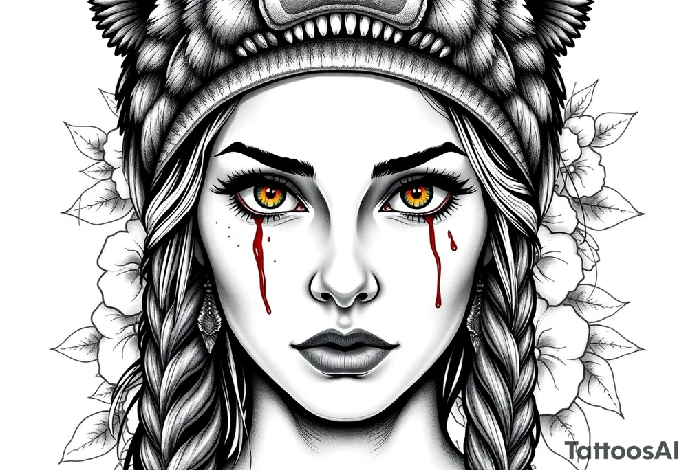 Young Symmetrical Beautiful Woman, looking forward, with colored eyes, shedding a tear, with battle scars and blood on face, with soft look, wearing a mean looking bear headdress on head, with flower background tattoo idea