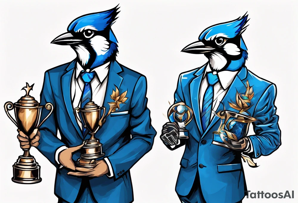 bluejay in a suit holding a trophy tattoo idea