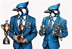 bluejay in a suit holding a trophy tattoo idea