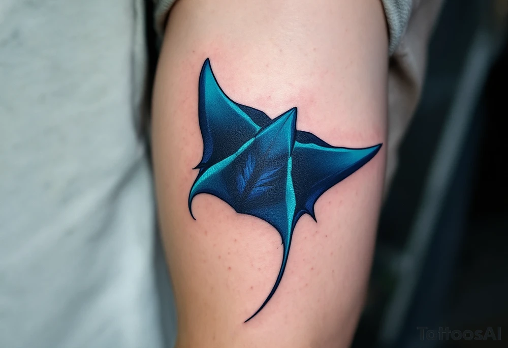 ChatGPT řekl:
A majestic ray fish with a velvety black back and an iridescent teal underside soars through the ocean, its wide, wing-like fins outlined in electric blue and trailing elegant ripples of light. tattoo idea