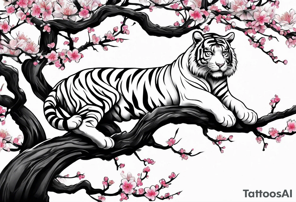 Twisted gnarly cherry blossom tree with tiger under it tattoo idea