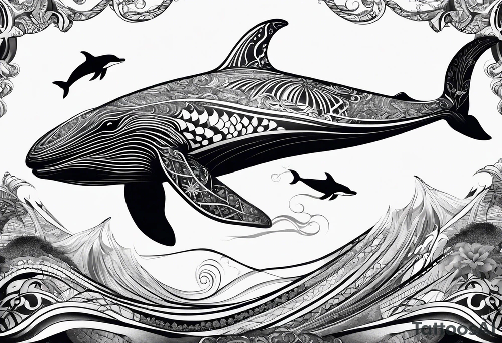 humpback whale on white background, tribal black and white fit in picture tattoo idea
