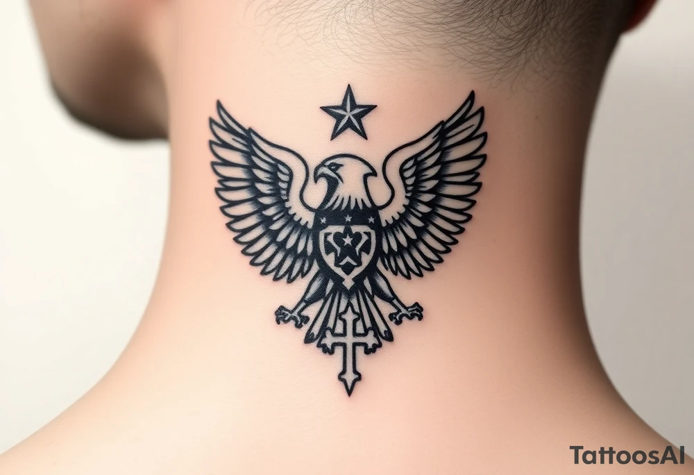 Double-headed eagle outline only (no shading) — suits neck skin which ages differently
Star above, small orthodox cross below tattoo idea