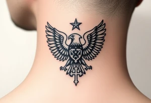 Double-headed eagle outline only (no shading) — suits neck skin which ages differently
Star above, small orthodox cross below tattoo idea