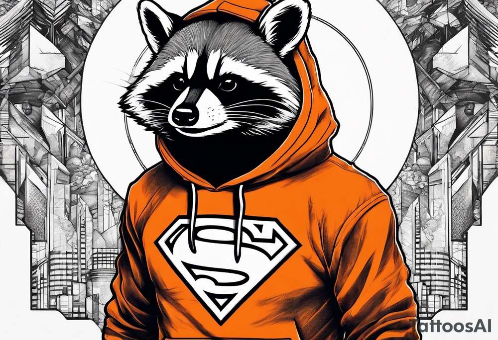 Raccoon wearing an orange Superman hoodie tattoo idea