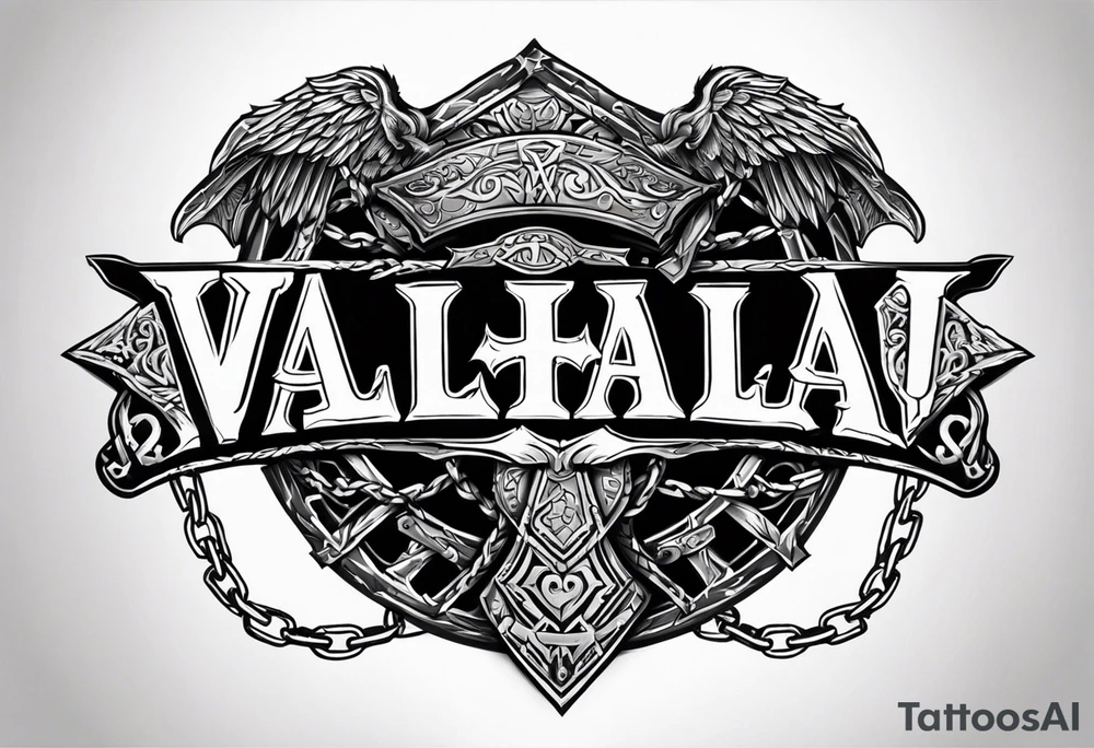 Valhalla sword round shield axe barbed wire chains tattoo idea