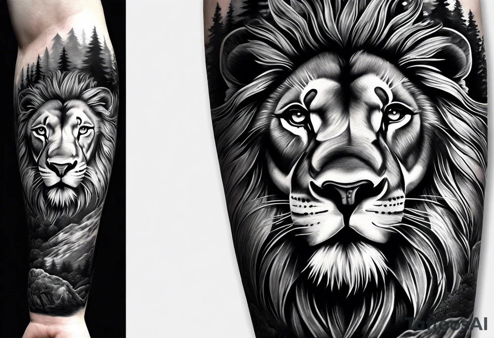 realistic 
black and gray forearm sleeve tattoo where a lion is entering a forest and turning his head back tattoo idea