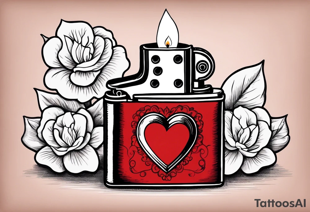 A tattoo of a vintage zippo lighter with a traditional heart engraved on the front.. inside the heart is quote "MAMA" a white gardenia is in front of the zippo and a string of pearls surrounds it.. the zippo is lit and the lid has quote "TRIED" ENGRAVED ON IT tattoo idea