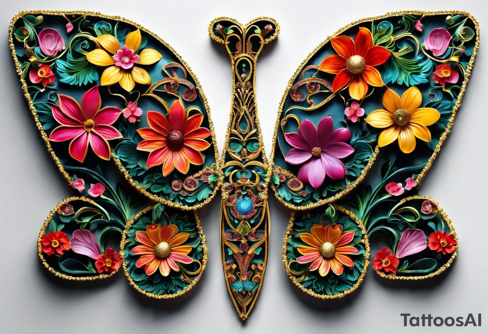 intricate and artistic arrangement of flowers and ornamental patterns that come together to form the shape of human lungs. The design should have a balance of delicacy and detail, with vibrant floral elements seamlessly intertwining to mimic the structure of the lungs, including the bronchi branching into floral motifs. Incorporate subtle shading and depth to give the tattoo a dynamic and organic feel, while maintaining elegance and symmetry tattoo idea