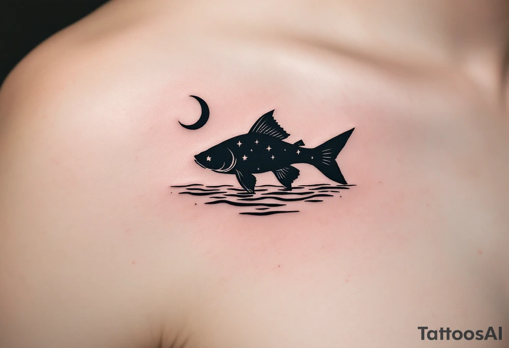 Night Catfish Silhouette – A quiet and mysterious tattoo featuring a black silhouette of a catfish under a crescent moon, with stars reflected in a rippling water surface. tattoo idea