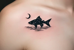 Night Catfish Silhouette – A quiet and mysterious tattoo featuring a black silhouette of a catfish under a crescent moon, with stars reflected in a rippling water surface. tattoo idea