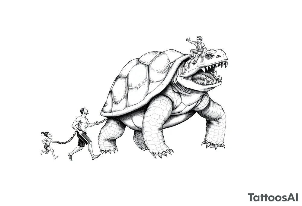 A giant walking 2 slaves on a chain leash an angry turtle with huge teeth with a little man riding on his back tattoo idea