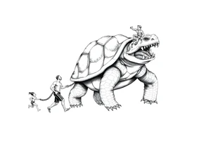 A giant walking 2 slaves on a chain leash an angry turtle with huge teeth with a little man riding on his back tattoo idea