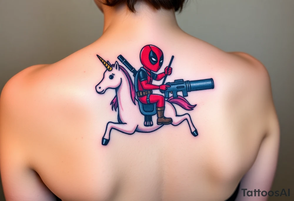 Deadpool riding unicorn pointing rocket propelled grenade launcher tattoo idea