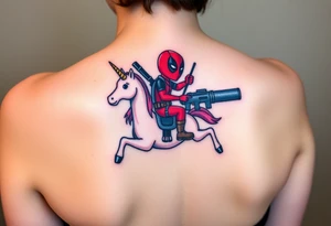 Deadpool riding unicorn pointing rocket propelled grenade launcher tattoo idea