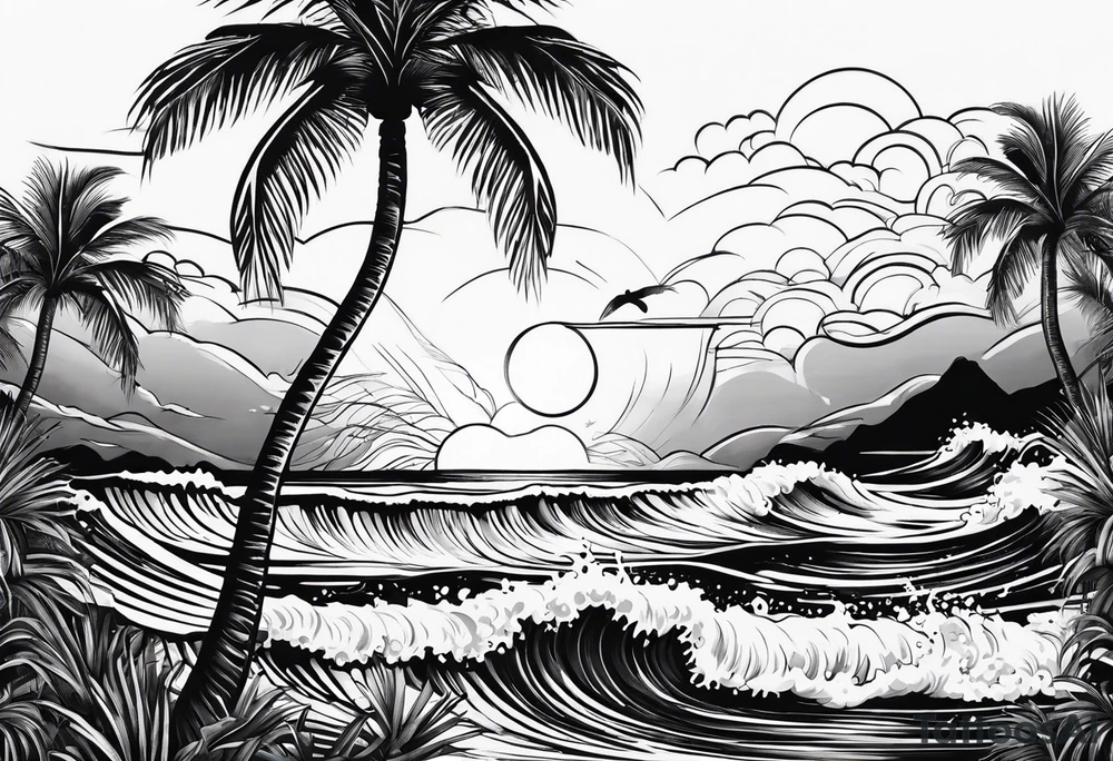 palm tree front of a sunset and waves tattoo idea