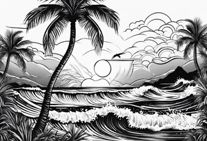 palm tree front of a sunset and waves tattoo idea