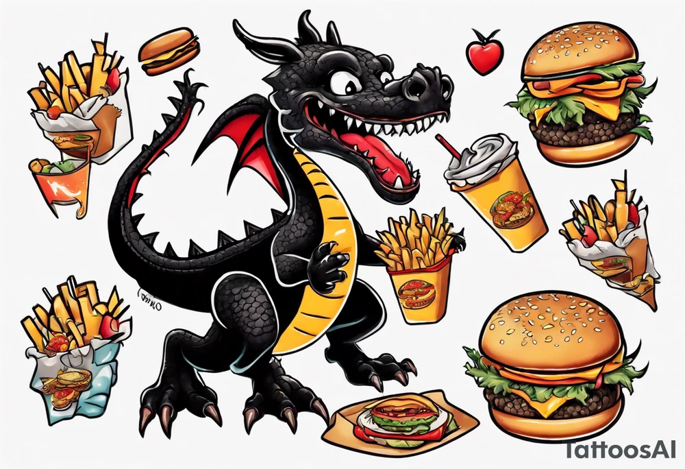 full body happy black dragon eating a cheeseburger tattoo idea