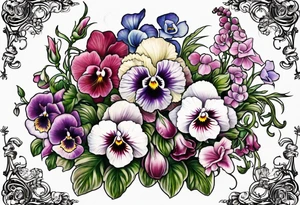 pansies, carnations, orchids, roses, water lillies 
 foxglove tattoo idea