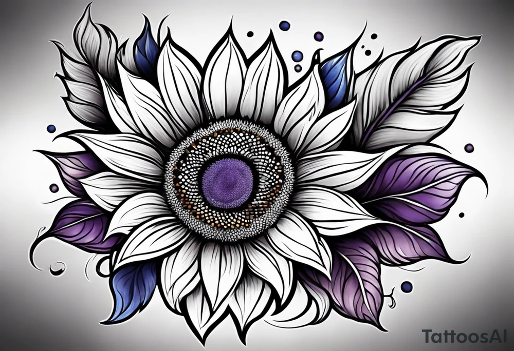Full leg sleeve with purple, orange and blue sunflowers tattoo idea