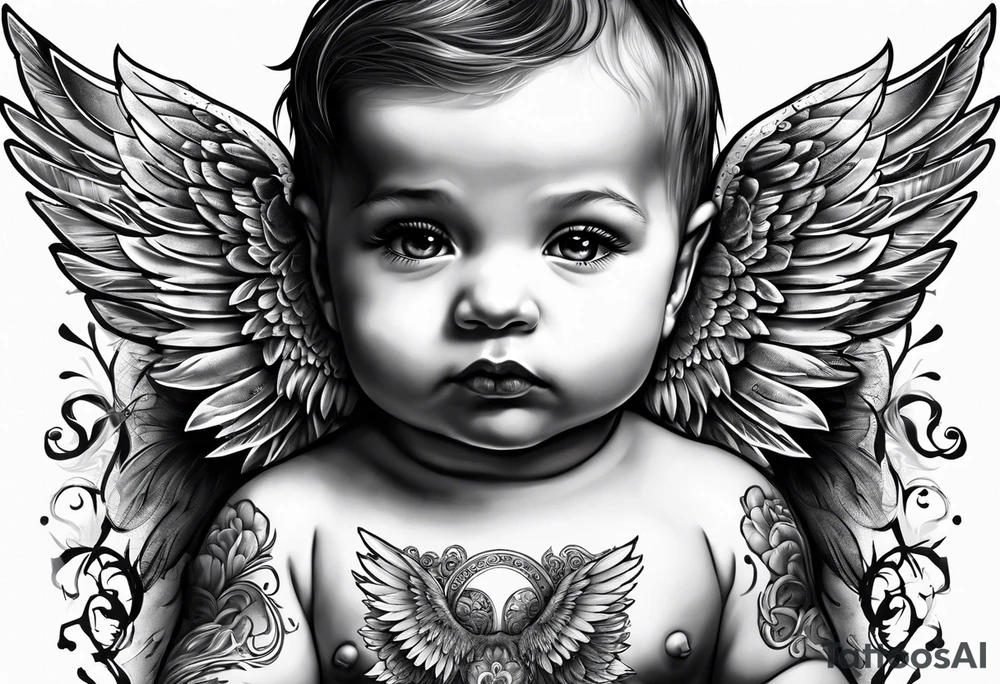 Tattooed baby with angel wings. Name Leah written under in gothic letters. tattoo idea
