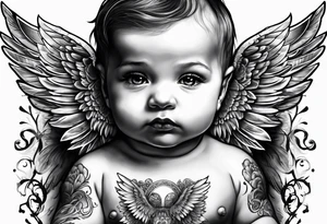 Tattooed baby with angel wings. Name Leah written under in gothic letters. tattoo idea