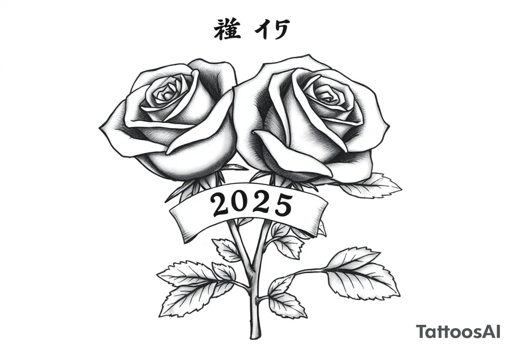 two beautiful rose buds, side by side, with many leaves and their stems intertwined, representing two people in love. Include a banner connecting the two roses with "2025" on it.  The word "Rose" written in Kanji above the drawing.  Use dark outlines with little shading tattoo idea