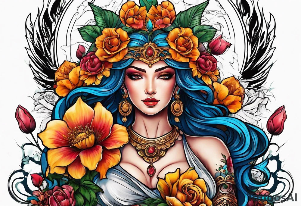Goddess of justice with flowers tattoo idea