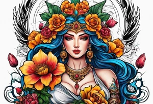 Goddess of justice with flowers tattoo idea