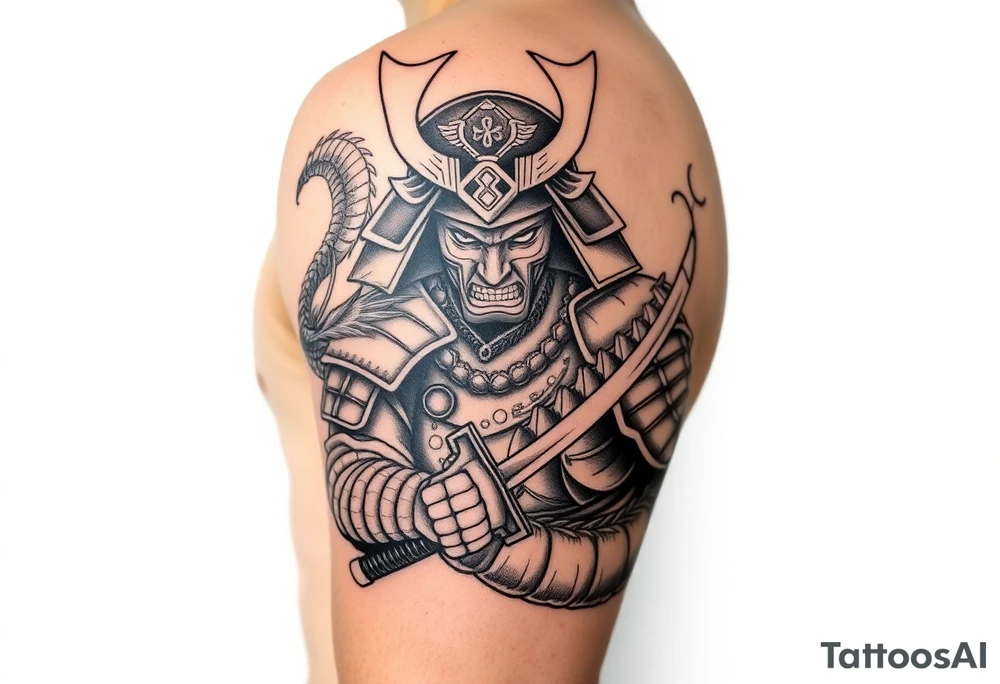 Japanese samurai warrior with armor and katana sword, fierce expression, traditional helmet, Japanese dragon wrapped around, black and grey ink tattoo style, ornamental linework, sketch-style shading, designed for forearm tattoo with full sleeve expansion tattoo idea