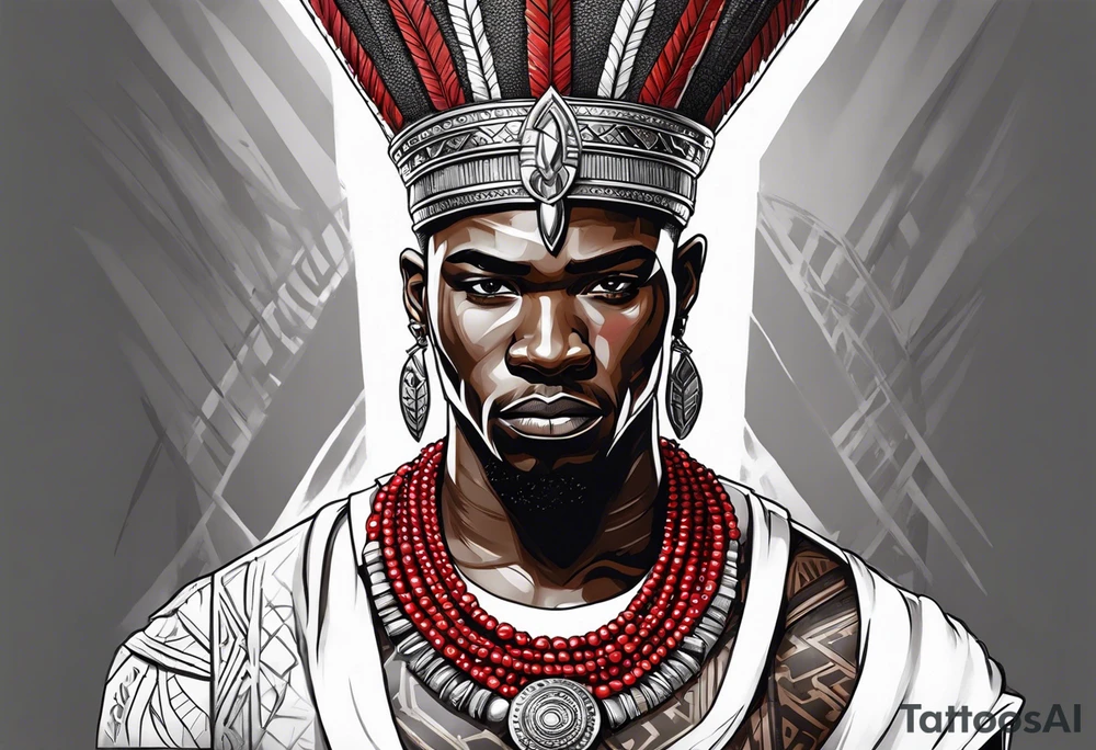 african warrior with a small silver crown and a red necklace tattoo idea