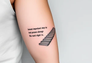 Design a tattoo for the outer arm using the phrase “the most important step a person can take is always the next one” with a geometric path or staircase tattoo idea
