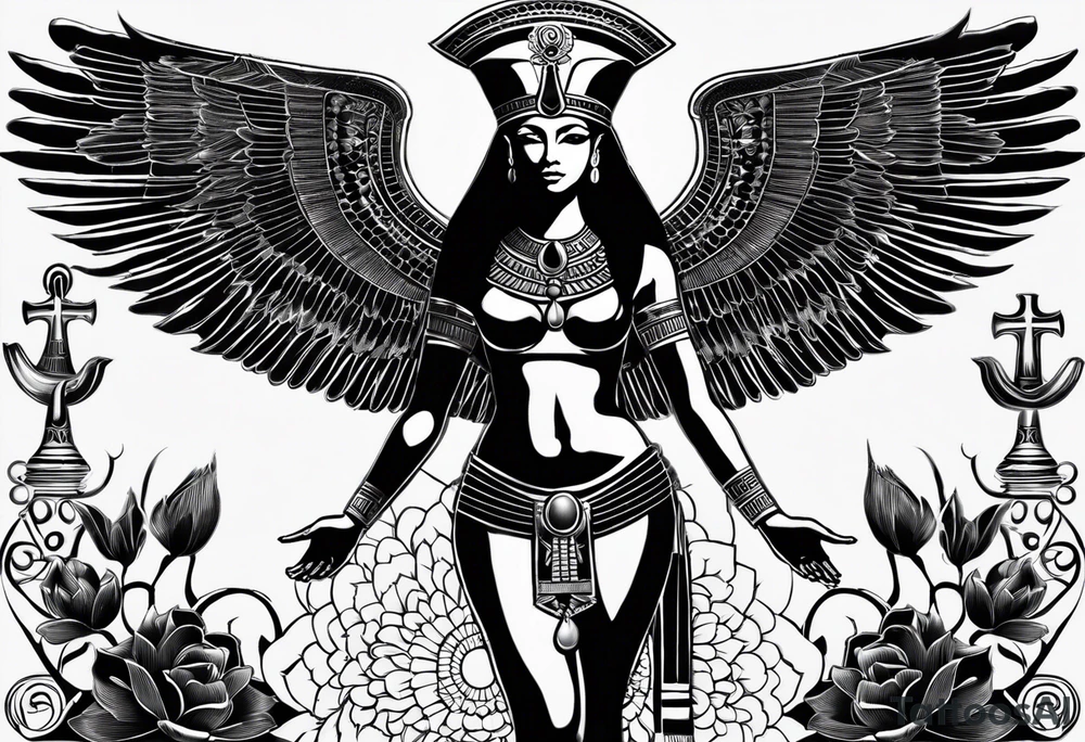 black and white Egyptian goddess Isis, who is often depicted as a woman with outstretched wings, holding an ankh (a symbol of life) in one hand and a lotus flower in the other. Her headdress often includes a throne or a solar disk. The tattoo design can vary in style and size, but it typically aims to capture the essence of this revered Egyptian deity, emphasizing her beauty, power, and maternal qualities. The choice of colors and additional elements can also be customized to create a unique and visually striking representation of the goddess Isis tattoo idea