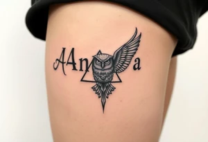 Amanda name with Harry Potter deathly hallows and owl tattoo idea
