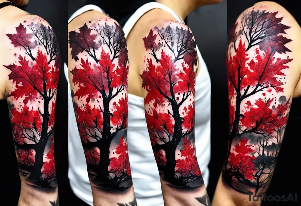 trash polka style. Arm tattoo. Long tattoo. large tattoo. Full sleeve. Shoulder. A single large maple tree with red autumn leaves that branches upwards from wrist to shoulder. White-throated dipper bird on the trees branches. Calluna flowers at the base of the trees stem. Tree stem has dark colors. Red/yellow sunset behind the trees stem. Leaves falling. tattoo idea