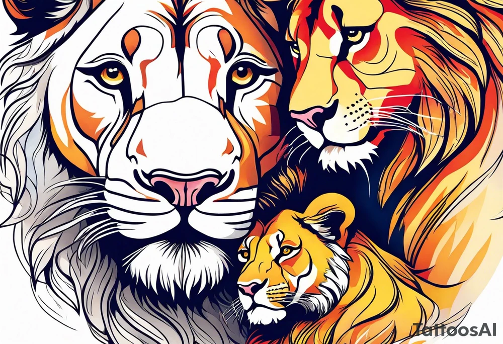 Realistic lion and lioness 
bonding tattoo idea