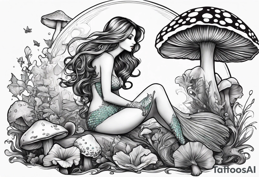 a mermaid sitting over a mushroom looking at a fairy tattoo idea