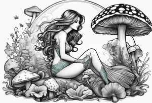 a mermaid sitting over a mushroom looking at a fairy tattoo idea
