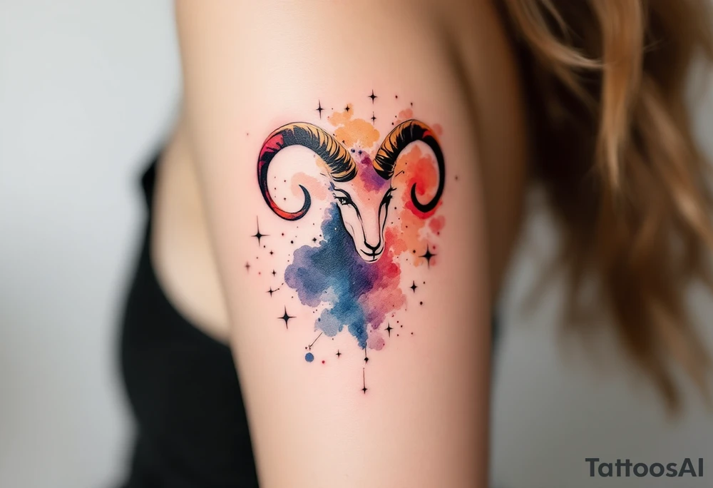 A watercolor-style Aries constellation blends shades of crimson, gold, and indigo to reflect the zodiac's passionate energy. tattoo idea